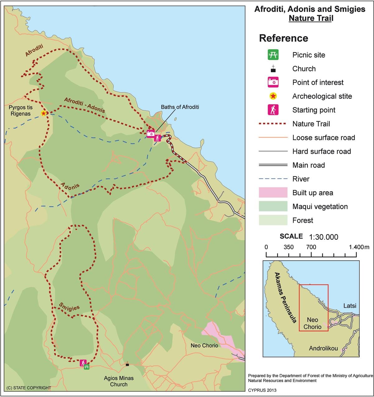 Kort af afrodite trail Cypern 