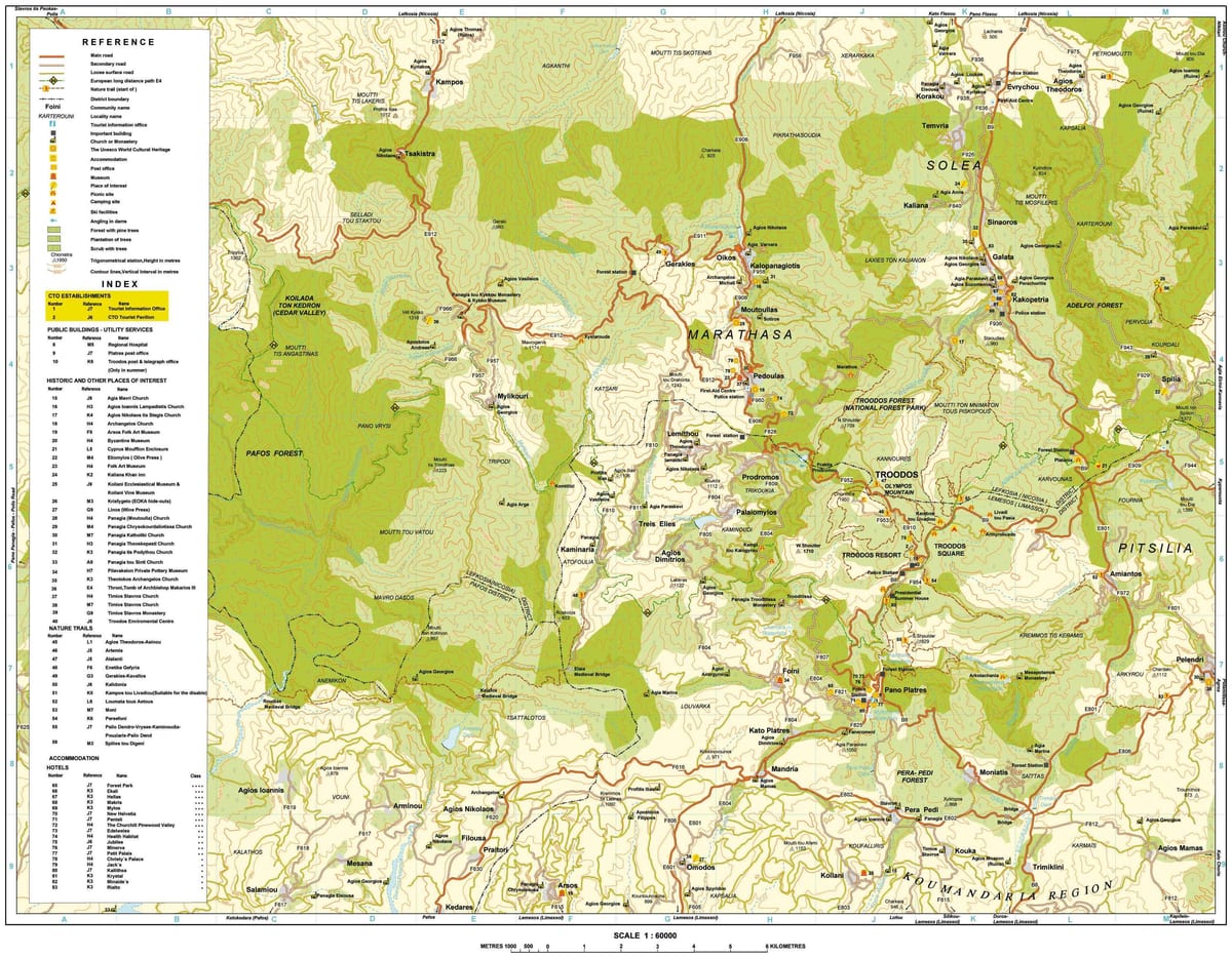 kort over troodos-bjergene Cypern