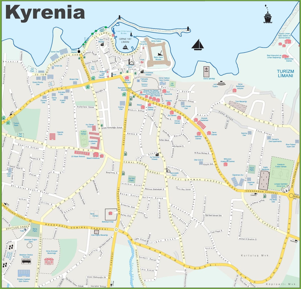 kort over det nordlige Cypern kyrenia